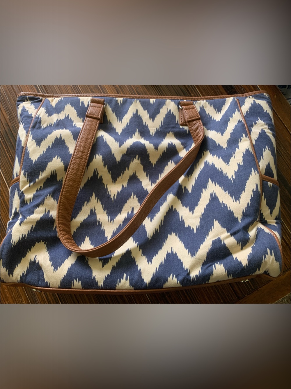 thirty-one Navy and Cream Zigzag Tote with Brown Straps